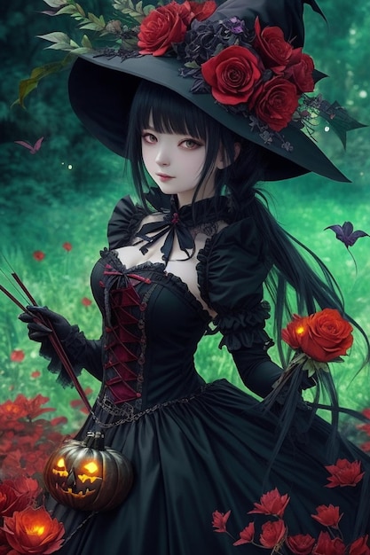 Witch's elegance dynamic anime girl in gothic style