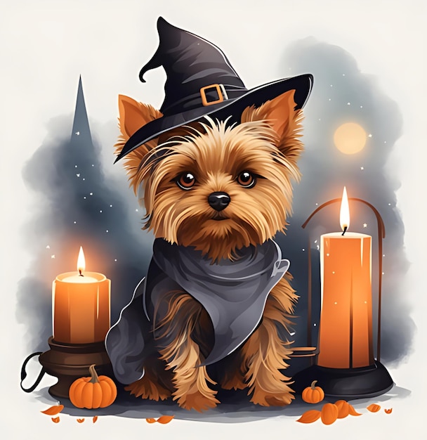 A witch's familiar Halloween Yorkshire terriergenerated ai