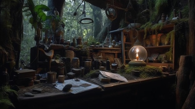 Witch's lair in the forest potion cauldron bubbling spellbooks crystals and magical artifacts