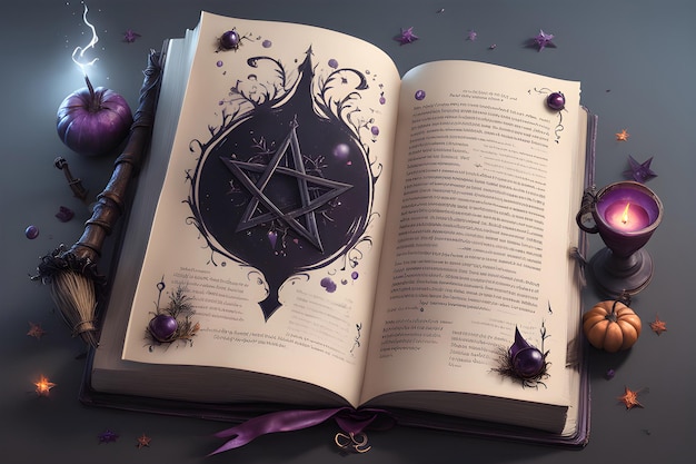 A witch's spellbook with arcane symbols with candles
