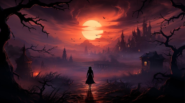 witch silhouette on moon background for halloween celebration