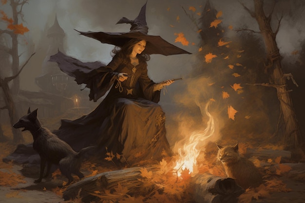 A witch sits by a campfire with a fire in the background.