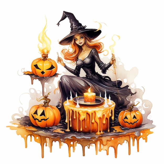 A witch sits on a table with a witch and pumpkins.