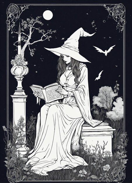 Photo witch sitting on a grave reading a book