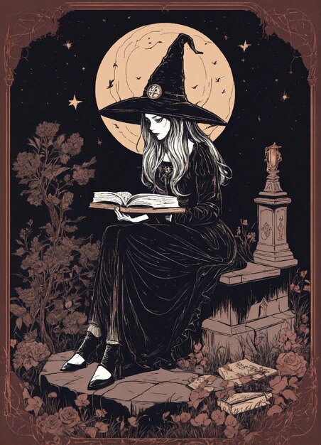 Photo witch sitting on a grave reading a book