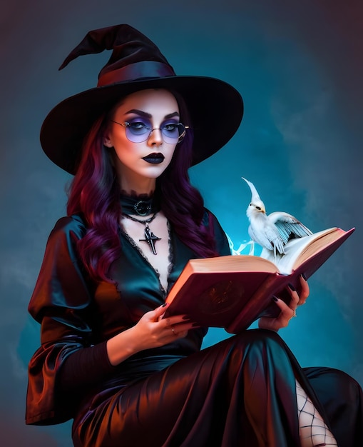 Ведьма сидит на могиле и читает книгу.