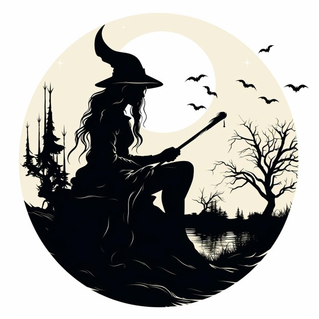 witch sitting on a rock with a broom and bats flying around generative ai