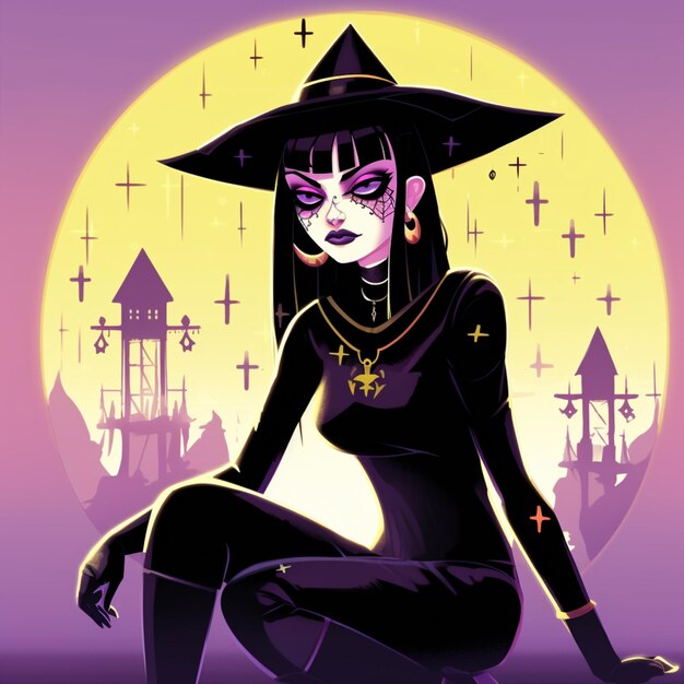 Witch sitting on a rock with a full moon in the background generative ai