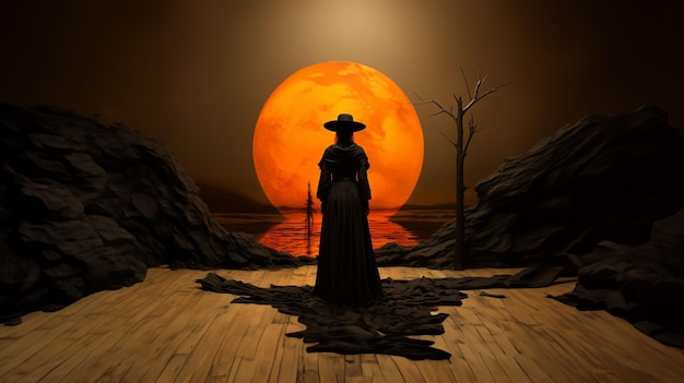 Witch standing in front of a giant sun