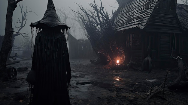 Witch standing near a dark and spooky house