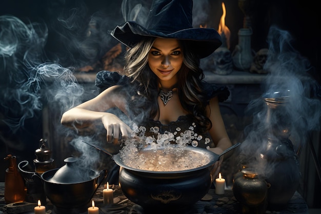 Ведьма перемешивает котел с дымом и пузырями на фоне празднования Хэллоуина