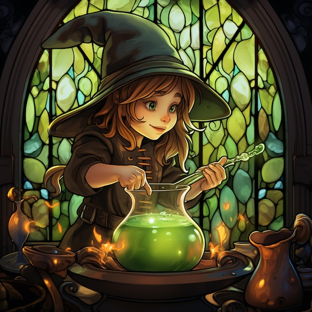 Photo witch stirring up a green liquid in a glass pot generative ai