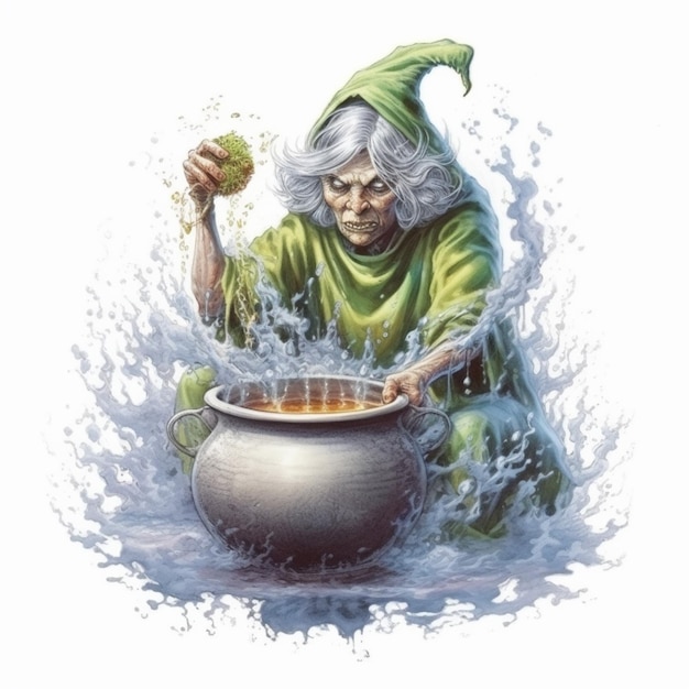 ведьма перемешивает горшок кипящей воды с посыпанием зеленого генеративного ай