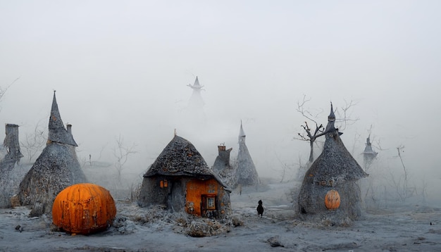 Witch Village with Pumpkins in the Mist.realistic halloween festival illustration.