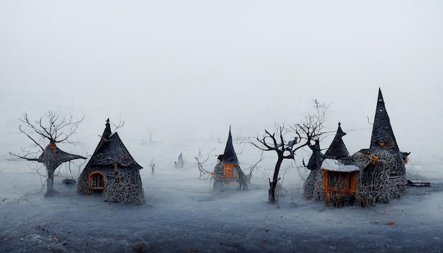 Witch Village with Pumpkins in the Mist.realistic halloween festival illustration.