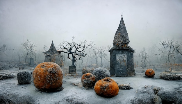 Witch Village with Pumpkins in the Mist.realistic halloween festival illustration.