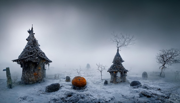 Photo witch village with pumpkins in the mist.realistic halloween festival illustration.