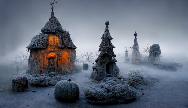 Witch Village with Pumpkins in the Mist.realistic halloween festival illustration.