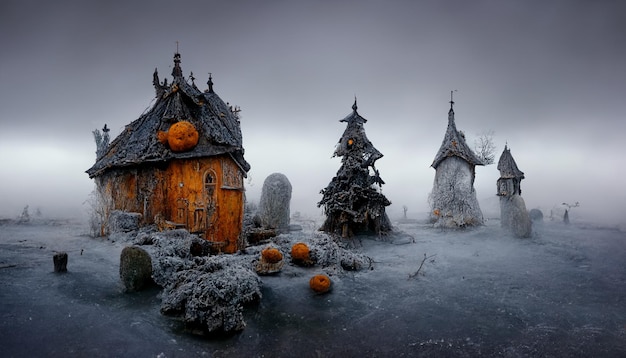 Witch Village with Pumpkins in the Mist.realistic halloween festival illustration.