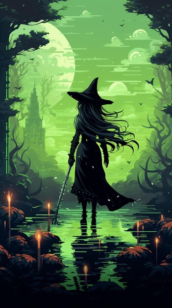 witch walking through a forest with candles and a full moon generative ai