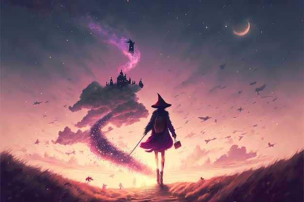 A witch walks against the sky