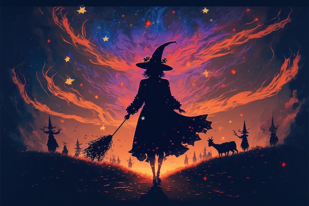 The witch walks in the sky with magic digital art style illustration painting fantasy illustration of a mysterious witch