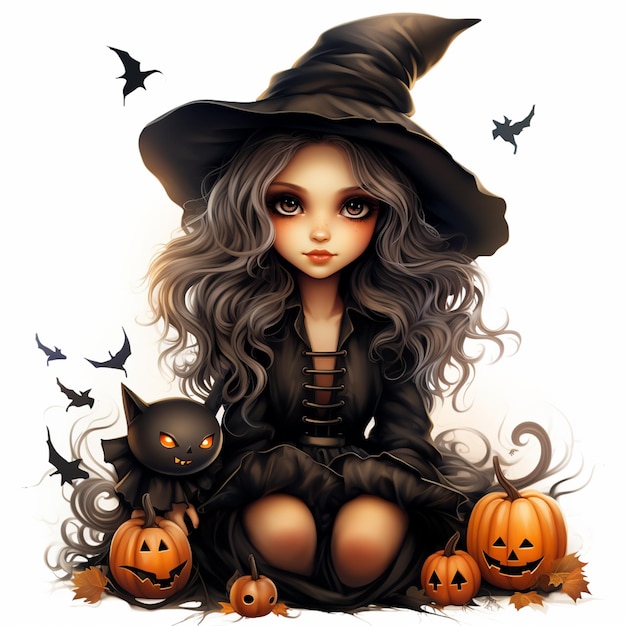 Witch with black cat and pumpkins generative ai