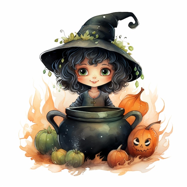 Witch with a black hat and a black pot with pumpkins generative ai