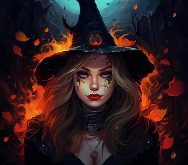 witch with a black hat and red eyes in a forest generative ai