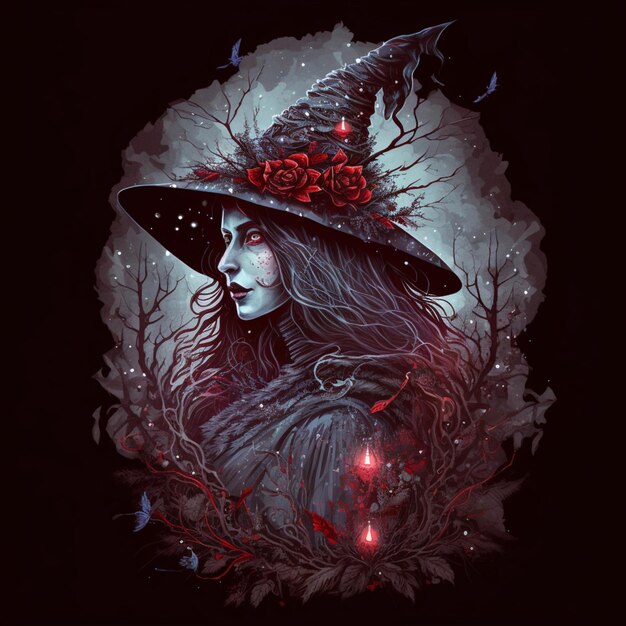 witch with a black hat and red roses in her hair generative ai