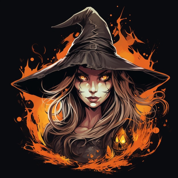 witch with a black hat and yellow eyes generative ai