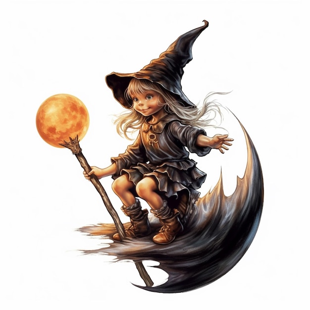 Witch with a broom and a full moon on a white background generative ai