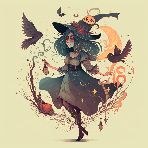 witch with a broom and a hat and a bird generative ai