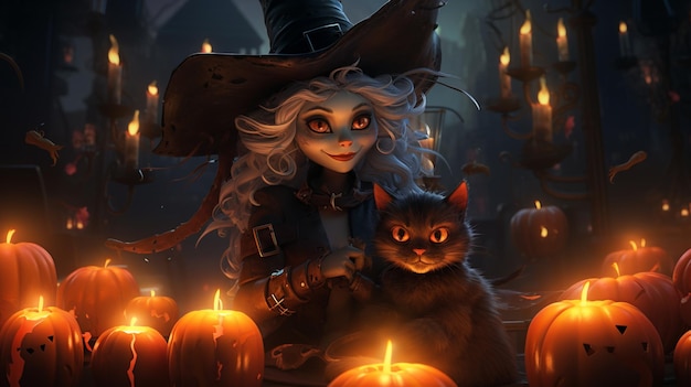 witch with a cat in a pumpkin patch generative ai