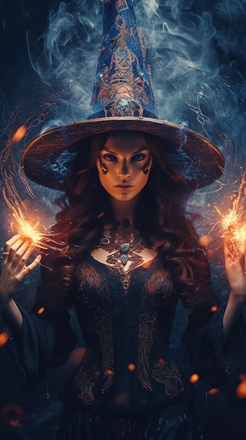 ведьма с светящимися руками и шляпой с светящейся палочкой