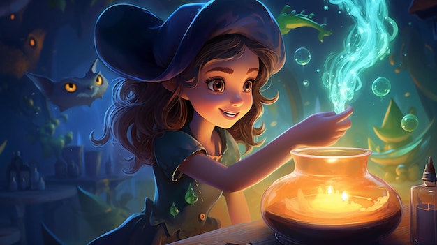 witch with a glowing pot in her hand generative ai