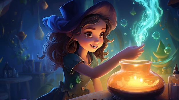 Witch with a glowing pot of magic generative ai