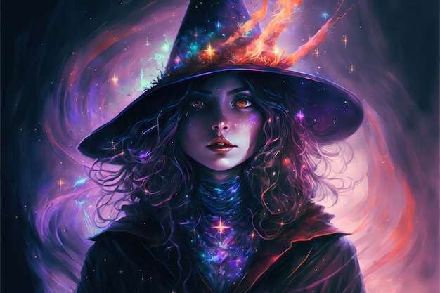 A witch with a hat on her head