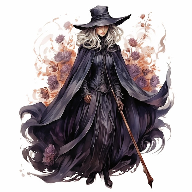 witch with a long black cloak and a hat and a wand generative ai