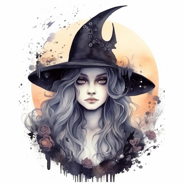 Witch with long hair and a black hat generative ai