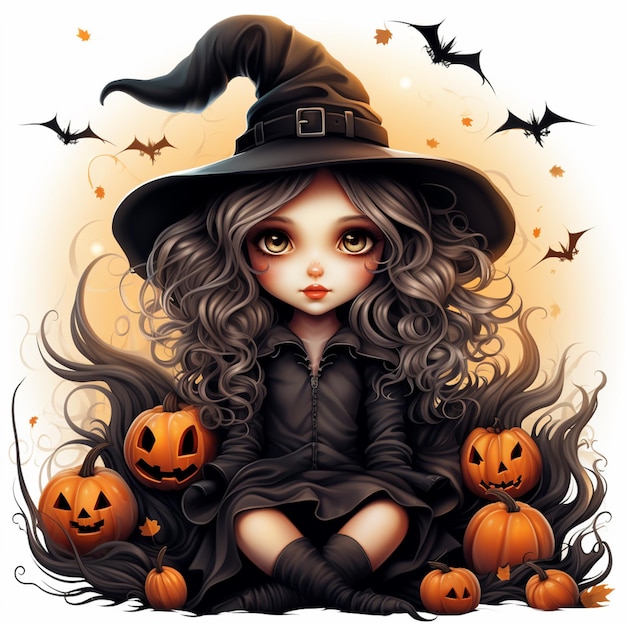 Witch with long hair and hat sitting on the ground with pumpkins generative ai