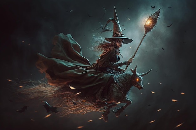 Witch with making witchcraft magic spells hat conjuring Spooky dark magic forest Magician Wide Halloween party art design Terrifying scary personage beautiful sorceress