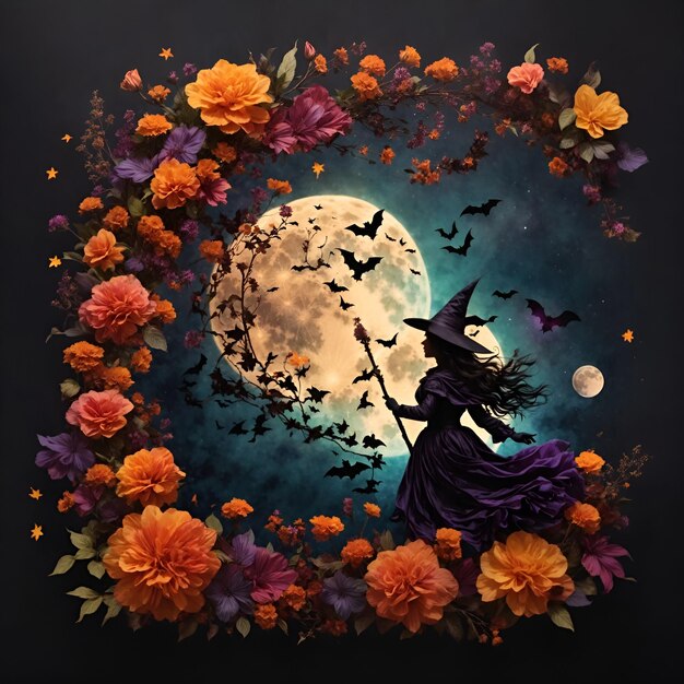 Foto la strega con la luce della luna halloween