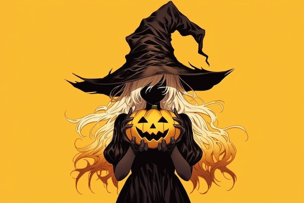 witch with pumpkin in hand on yellow background generative ai