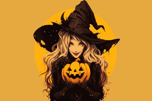 witch with pumpkin and hat on yellow background generative ai