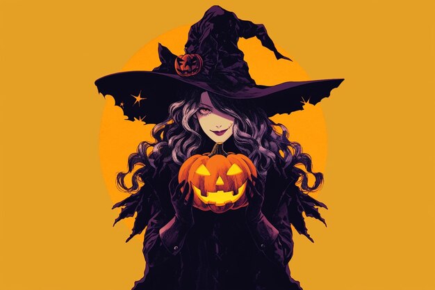 Witch with a pumpkin in her hand generative ai