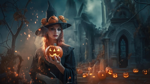 A witch with a pumpkin in her hand