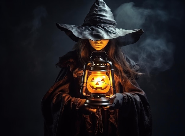 Witch with pumpkin lantern on dark background