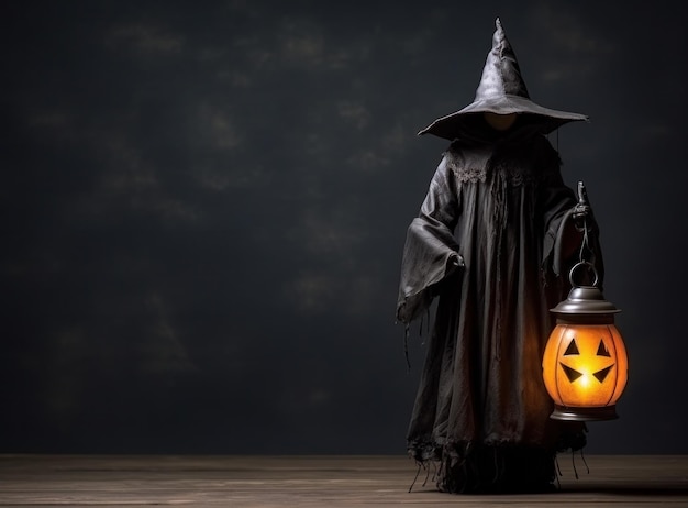 Witch with pumpkin lantern on dark background