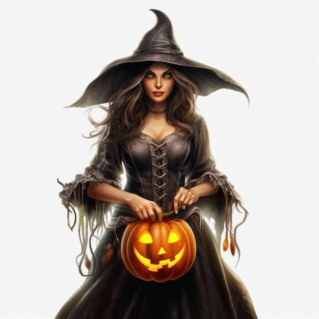a witch with a pumpkin and a witch hat.